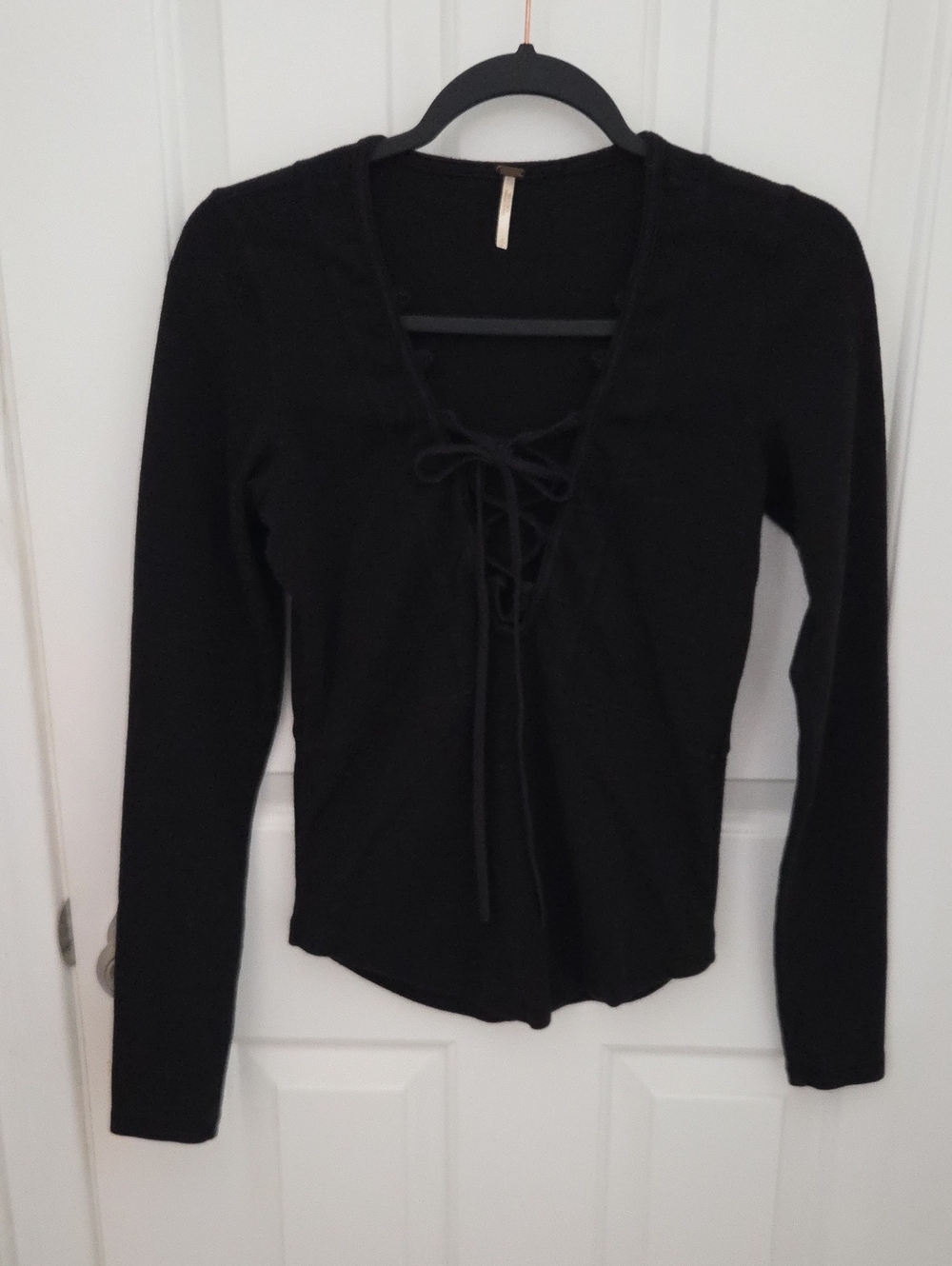 Free People Black Lace-Up Long Sleeve Top